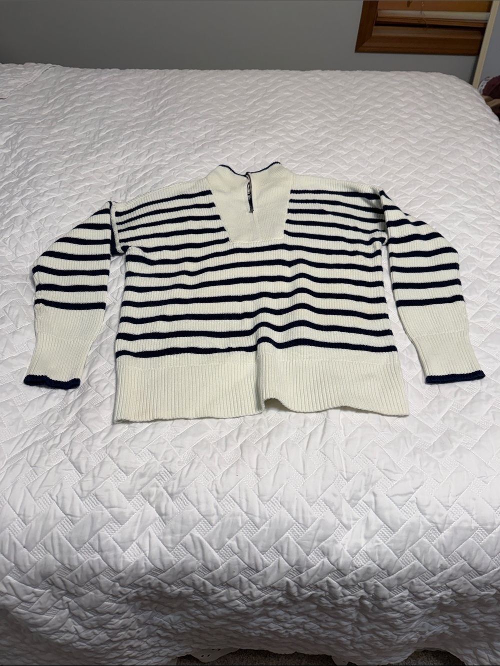 Lands' End Cream & Navy Striped Quarter-Zip Sweater